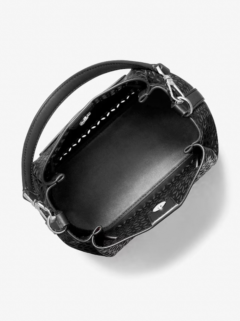 Carson Small Floral Laser Cut Bucket Crossbody Bag Black - Picture 2 of 13